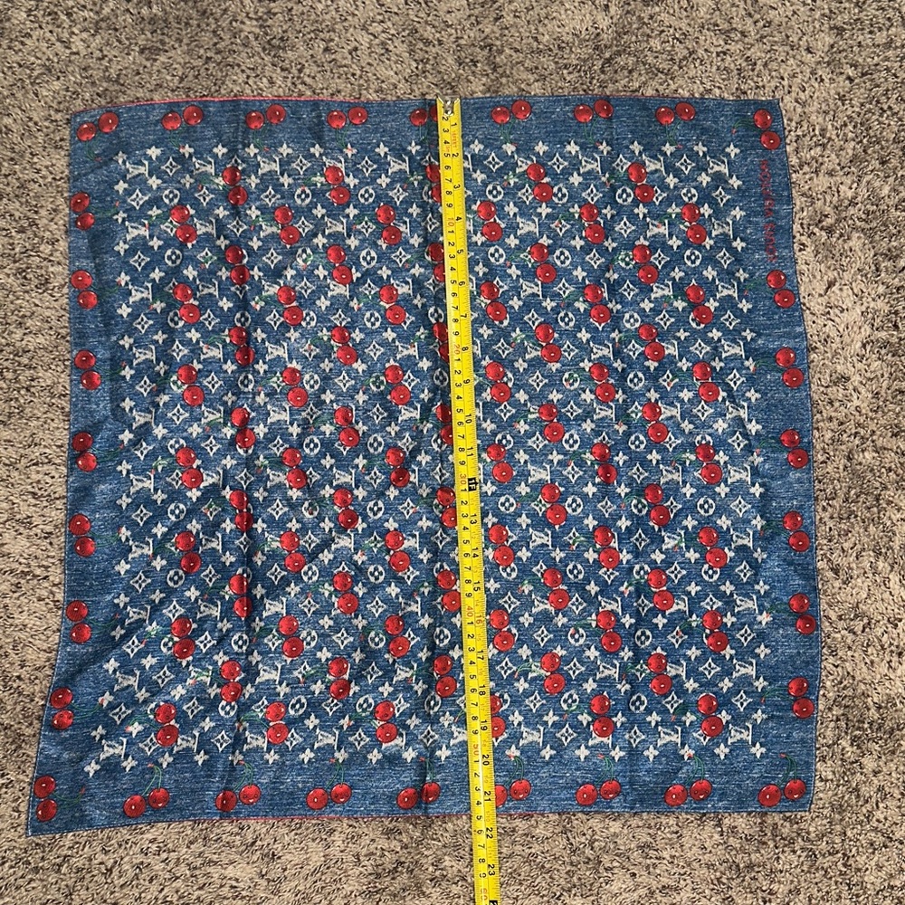 Cherry Print Denim Blue and Cherry Red Monogram Scarf